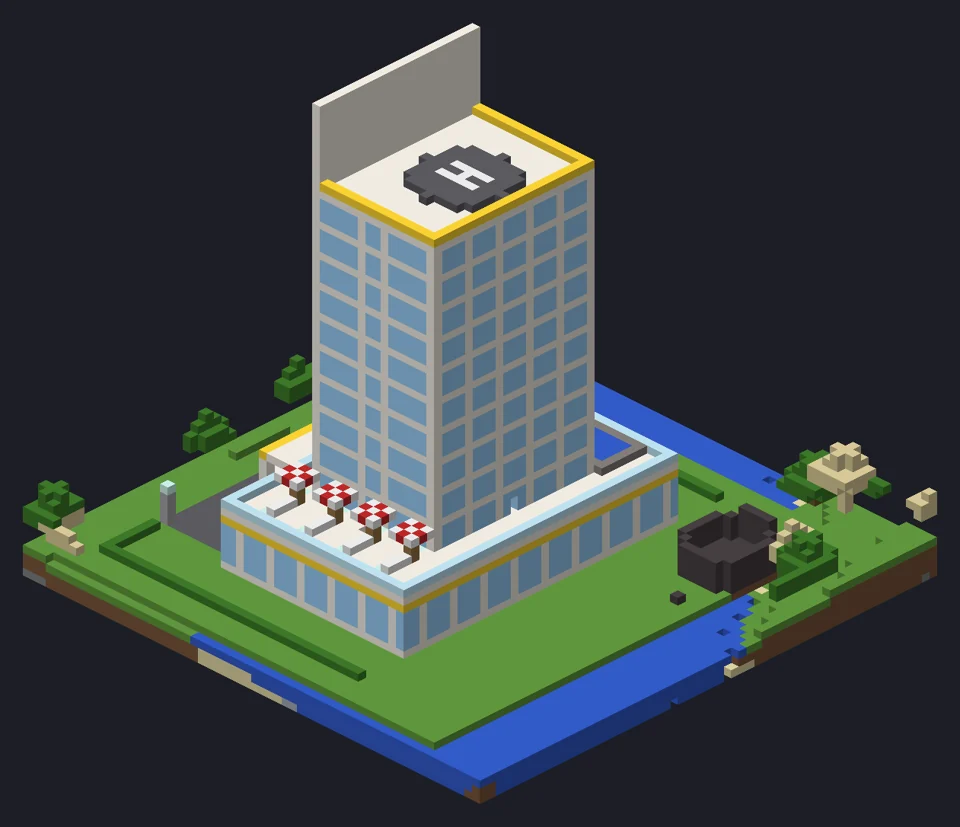Pixel hotel tower with a helipad on the roof and a pool deck