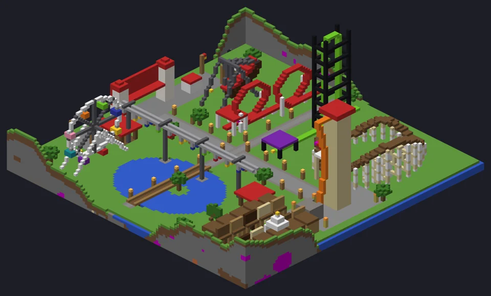 Pixel theme park with roller coasters, a tall drop tower, a Ferris wheel and a lake
